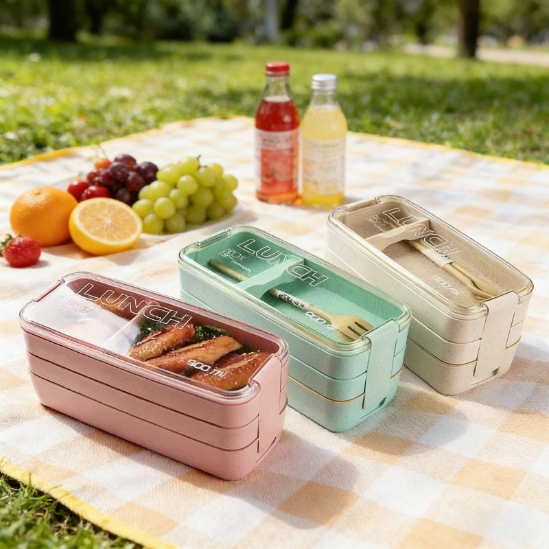 Food Or Snacks - 3 in 1 Wheat Straw Bento